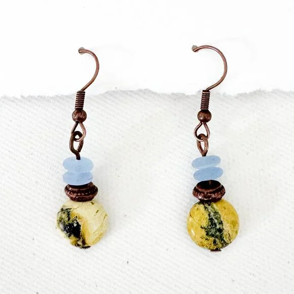 Serpentine Stone & Copper Boho Dangle Earrings - Picture 1 of 10